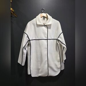 White And Black Contrast Trim Polyester Wool Blend Snap Down Jacket Sz L